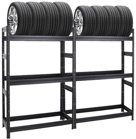 PROREGAL Mega Deal 2X Étagère à pneus Dino | HxLxP 180x120x50cm | 150kg par Niveau | 24 pneus | Noir | Porte-Pneu, Rayonnage, Stockage, Rangement pneus, Atelier & Garage