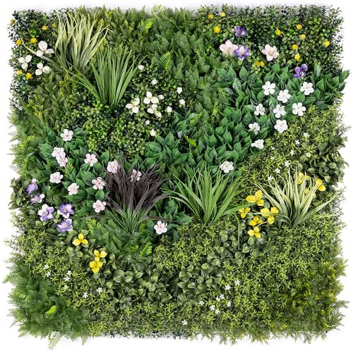 Artificial Living Wall Panels, Spring Bloom Green Plant Flower Foliage, Indoor Outdoor, Home Garden Decoration, Privacy Hedge Fence Screening, UV Stabilised, Waterproof, Natural Look (100cm x 100cm)