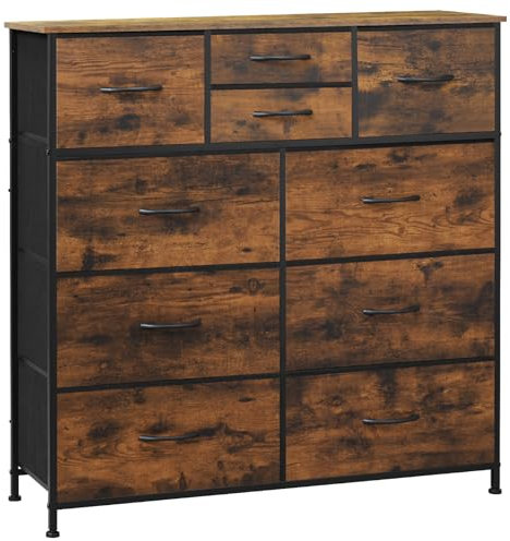 WOLTU Kommode mit 10 Schubladen aus Stoff, Sideboard Wohnzimmer, Kommodenschrank Schlafzimmer, Flur Schrank, aus Metallrahmen, industrieller Stil, Vintagebraun Schwarz, SSK009shm