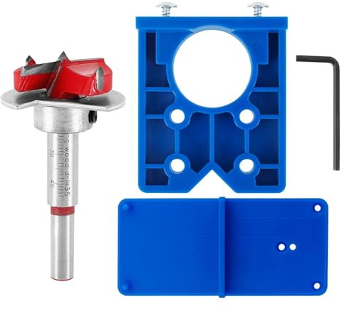 Gabarit de Perçage Charnière 35mm avec Forets & Guide | Pour charnières cachées, trous précis sans tracer, pour placards et meubles, set complet avec foret 35mm et accessoires