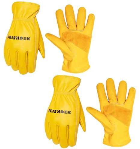FEISHDEK Leder Handschuhe Arbeitshandschuhe Herren Gartenhandschuhe Dornenfest Damen Kaktus Schutzhandschuhe (Gelb-01-2 Pairs, Large)