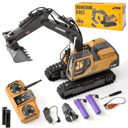 LTFIOON Escavatore RC 3-in-1 Telecomandato con Benna Artiglio e Trivella in Metallo 2.4GHz 14 Canali Rotazione 680° Luci LED e 2 Batterie Giocattolo Costruzione Regalo per Bambini 3-12 Anni