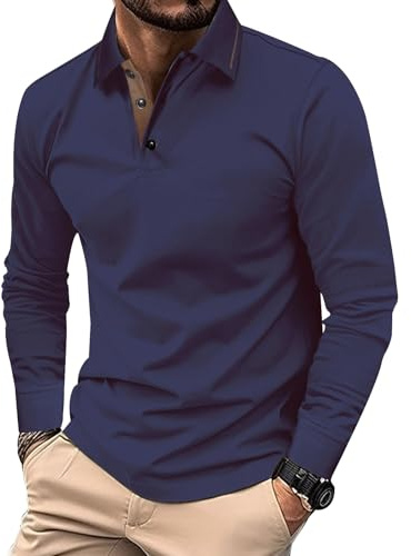Comilaka Hombre Polo Casual Manga Larga Poloshirts Algodón Camiseta de Golf Color en Contraste Otoño Invierno Clásico