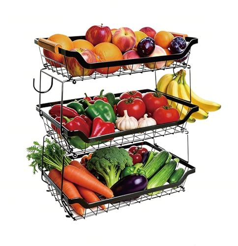 3 Tier Fruit Basket with Banana Hangers, Countertop Vegetable Storage
