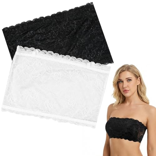 2 Pièces Soutiens-Gorge sans Bretelles en Dentelle, Bandeau en Dentelle sans Couture, Bralette Tube Top pour Décolleté Profond, sous-Vêtements Classiques pour Femmes (Blanc, Noir)