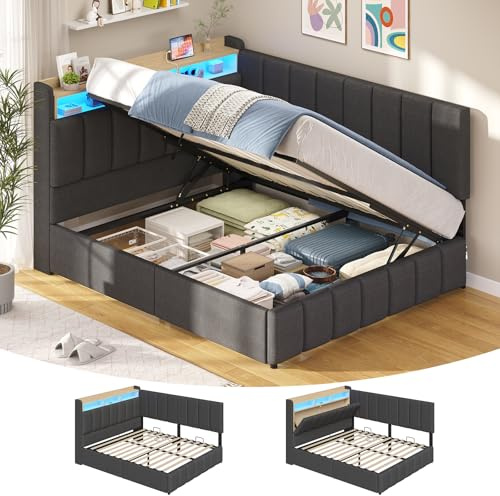 KIMENICH Canapé lit 140 x 190,lit avec sommier, Lit hydraulique avec éclairage LED, Multiprise, Tête de lit avec Rangement caché, côtés rembourrés, pour Chambre, Chambre d'amis,Gris