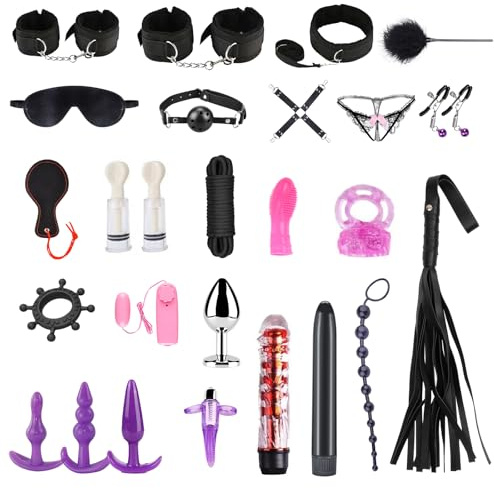 26 Piezas SM Bondage Kit, Qoosea BDSM Restraints Kits de Juguetes Eroticos para Parejas, Kit de BDSM Sex Toy con Plug Anal Butt Plug Set Juguetes Sexuales para Principiantes Sexual Adultos
