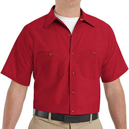 Red Kap Men's Industrial Work Shirt, Regular Fit, Short Sleeve Utility Button, L Red