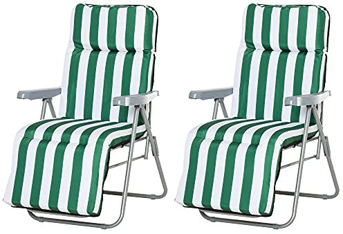 Outsunny Lot de 2 Chaise Longue Bain de Soleil Adjustable Pliable transat lit de Jardin en Acier Vert + Blanc