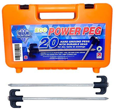 Blue Diamond POWER Pegs Hard Ground Tent & Awning Pegs x 20 With Plastic Storage Case