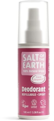 Desodorante natural en spray Salt of the Earth, vegano, certificado por Leaping Bunny, fabricado en el Reino Unido, aroma dulce a fresa, ingredientes 100% de origen natural, 100ml