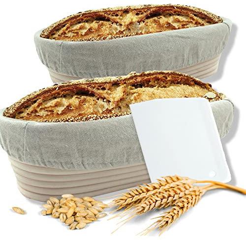 riijk 2 Cestini da Lievitazione per Pane con Staffe in Inox (ovali, Ø 28 e 35 cm) + Raschietto per la Pasta di Pane - Cestino di Fermentazione Naturale - con Panno di Lino
