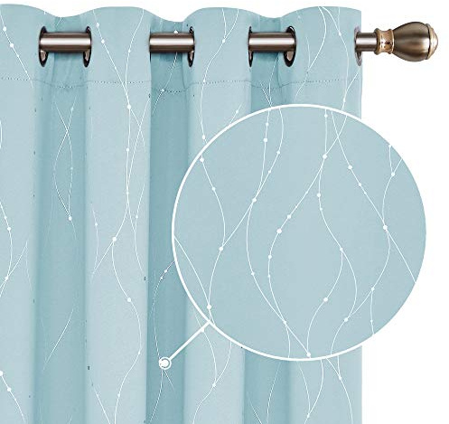Deconovo Thermal curtains Kids Blackout Noise Rducing Silver Dotted Line Foil Printed Eyelet Curtains for Bedroom 46x90 Inch Light Blue 2 Panels