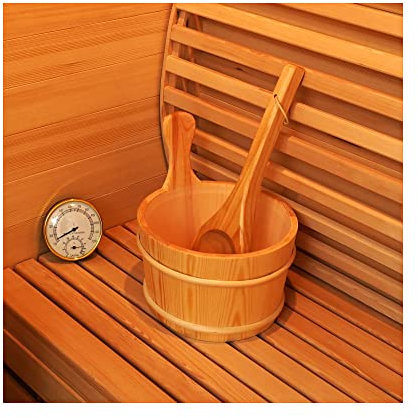 amocane Seau et louche en bois pour sauna, accessoires de sauna avec thermomètre pour tout tonneau ou sauna à vapeur et spa (Hemlock couleur bois)