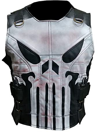 Chaleco de diseño de calavera The Punisher para hombre de cuero negro | Frank War Zone Tactical Style, Diseño 1 - Negro - Piel sintética, M