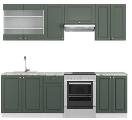 Vicco Küchenzeile Fame-Line, Grün-Gold Landhaus/Weiß/Weiß, 240 cm ohne Arbeitsplatte