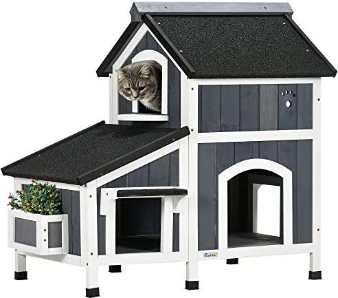 PawHut Wooden Outdoor Cat House with Flower Pot, Windows, Multiple Entrances, Water-Resistant Roof - Grey