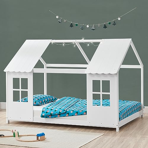 [en.casa] Kinderbett Tostedt Hausbett Jugendbett Bettenhaus Spielbett Halboffenes Design Montessori Bett aus massiver Kiefer Bettgestell Holz 140x200cm Weiß