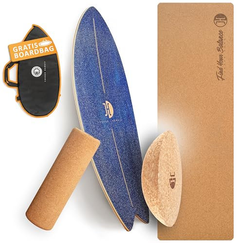JUCKER HAWAII Balance Board Ocean Rocker Blue - Balanceboard aus 100% Echtholz mit Korkhalbkugel, Korkrolle und Matte - Gleichgewichtstrainer für Kinder und Erwachsene - Surf Balance Board