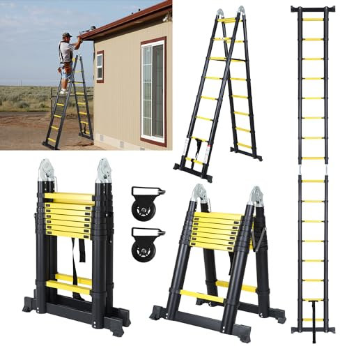 Fiqops Escalera telescópica con ruedas, 5 m (2,5 + 2,5), escalera de aluminio antideslizante, 150 kg/330 libras, escalera extensible, escalera de aluminio con asa, escalera multiusos