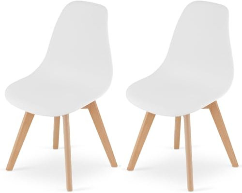 NMK HOME Esszimmerstühle 2er Set – Weiße Kunststoffstühle mit Holzbeinen, Skandinavischer Stil, Bequem und Robust, für Küche, Esszimmer, Büro – Einfache Selbstmontage