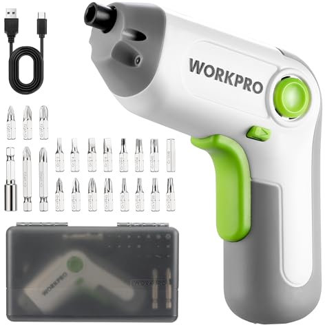 WORKPRO Destornillador Eléctrico de 3,6V, Atornillador Eléctrico Inalámbrico, Juego de Atornillador Batería, Diseño Excéntrico, Puntas de Cr-V, con Portapuntas Magnético, Luz LED y Caja Portátil