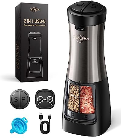 Sangcon USB Ricaricabile 2 in 1 Macina Sale e Pepe Elettrico, Funzionamento Automatico con una Sola Mano, Luce LED, Macinini in Ceramica Regolabili(Metallo Metallico)