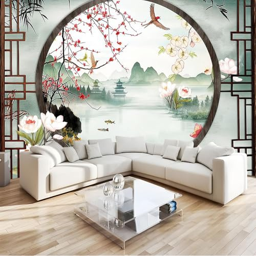 Ventana De GeometríA Papel Pintado Pared Moderno 300x210 cm Loto con vista al lago de estilo chino Fotomurales Decor Pared Tejido No Tejido Decor Murales Fotográfico Moderno Decoración de Paredes