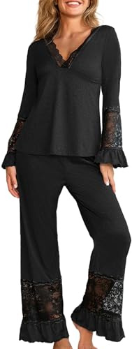 crazy bean Pigiama Donna Manica Lunga e Pantaloni in Pizzo Maglietta Scollo a V Maniche Lunghe con Volant Due Pezzi Leggero Elegante per Primavera Autunno Nero S