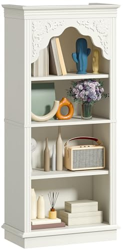 YITAHOME Libreria verticale a 4 ripiani con design intagliato, ideale per soggiorno, camera da letto, studio e ufficio, colore bianco, 140 cm