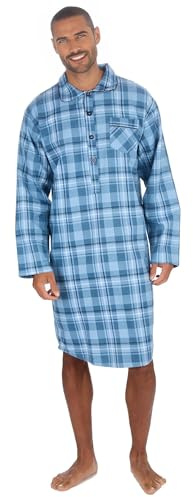 INSIGNIA Mens Nightshirt 100% Brushed Cotton Flannel Nightwear, Long Sleeve Winter Sleep Shirt, Soft & Warm Nightie (Denim Check, L)