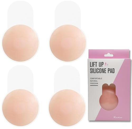 KuuKee 2 Pairs Silicone Nipple Covers with Lift - Reusable Stick on Bra，Invisible Bra for Women Backless Dress,Nipple Pasties for Party Dress Beige