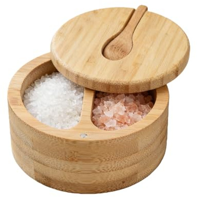 Aurafly Salero para Cocina Bambú, Salt Cellar Bowl Box con Tapa Giratoria Magnética y Cuchara de 2 Compartimentos, Caja de Especias para Hierbas, Pimienta y Condimentos Sólidos