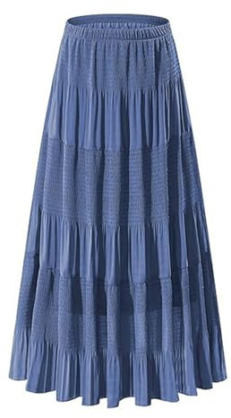 Elastisk Hög Midja Plisserad Midikjol I Chiffong for Kvinnor Casual A-linje Flowy Partykjol(Dark Blue,XL)