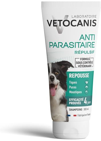 Vetocanis - Shampoing pour Chien - Anti-puces et Anti-tiques- Convient à tous types de Poils - A l'extrait de Plantes - Effet Répulsif - Sans Parabène ni Silicone - 300 ml