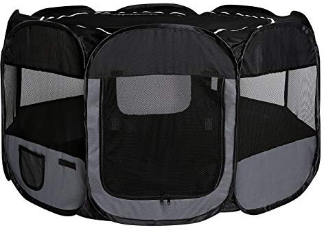 lionto Welpenauslauf faltbar aus Oxfordgewebe & atmungsaktivem Netzstoff, Ø 110cm, Höhe 64 cm, Laufstall für innen & außen mit 2 Eingängen, Pop-up-System, inkl. Tragetasche & Heringe, schwarz/grau