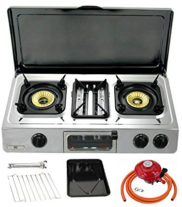 NJ G-87C Portable Camping Gas Stove 2 Burner Grill & Oven Stainless Steel Outdoor BBQ Cover (Propane 27mm Clip-on)