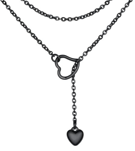 FOCALOOK Damen Mädchen Collier schwarz Edelstahl Lariat Kette mit Herz Anhänger 80cm lange Minimalist Y-Kette verstellbar Modeschmuck Accessoire für V-Ausschnitt Pullover Kleid
