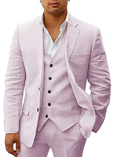 HUUTOE Herrenanzug aus Leinen, 3-teilig, Strand-, Hochzeits-, Bräutigam-Anzug, lässiger Sommer, Leinen, Blazer, Weste und Hose, Smoking-Set, Flieder, L