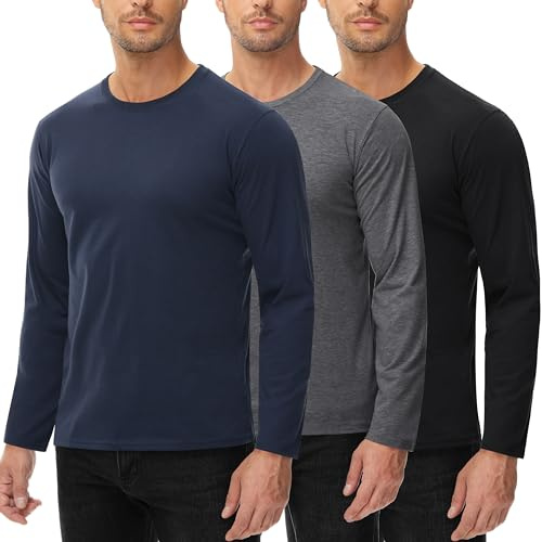 Långärmad tröja för män 100 % bomull 3-pack t-shirt rund hals basic mesh bomull långärmad skjorta långärmad herr