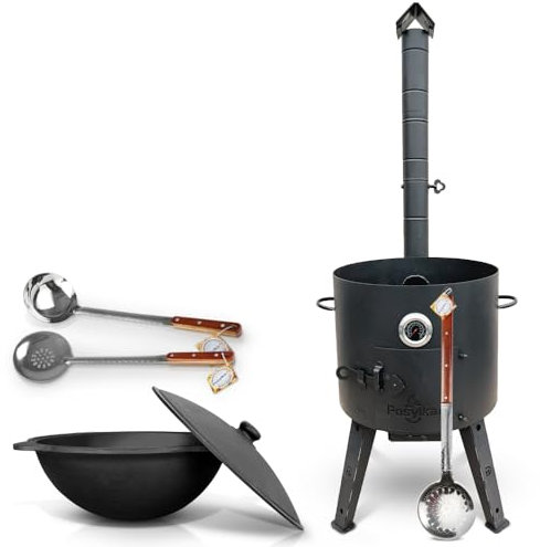 Utschak - Horno de fuego de 44 cm de diámetro, 2 mm, acero con termómetro uzbeko kazan 16 l, base redonda, cuchara de espuma de 48 cm, cuchara de 64 cm, cucharón de 48 cm, kazan Учаг Uchag казан