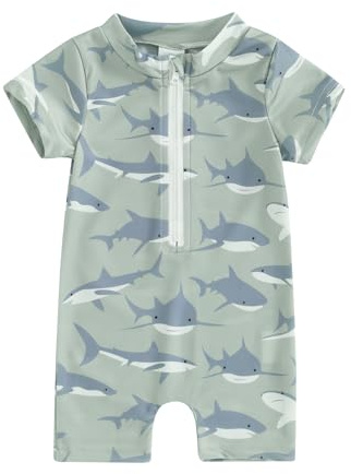Vioyavo Maillot de bain Rashguard à manches courtes avec fermeture éclair et imprimé baleine/dinosaure pour enfant, Vert, 6-12 mois