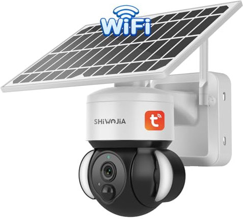 SHIWOJIA Cámara Wi-Fi externa con panel solar, 2 K PTZ 360 ° Videocámara de vigilancia con baterías recargables, PIR detección de movimiento, audio de 2 vías, TUYA and Smart Life Camera