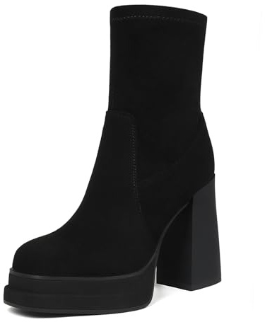 Wetviro Women's Platform Ankle Boots Chunky High Heel Square Toe Stretchy Short Gogo Combat Boots Booties for Women