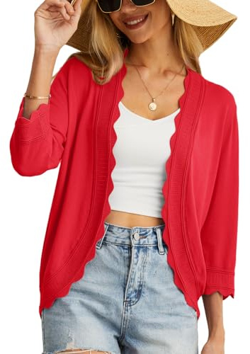 GRECERELLE Cardigan décontracté à manches 3/4 pour femme, pull ample et fluide à volants en tricot, boléro à porter avec des robes, Rouge, L