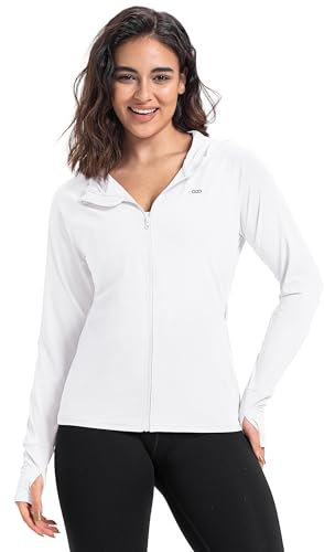 33,000ft Women's UPF 50+ Hoodie Jacket Lightweight Long Sleeve Sun Protection Shirt Full Zip Up Breathable Sportwear with Thumb Holes for Hiking Running Outdoor White S