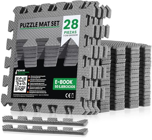 unycos - Esterilla Fitness Puzzle para Suelo de Gimnasio【30x30x1 cm】 Set de Protección de Espuma EVA, 28 Piezas, Alfombra Expandible, Tatami para Pisos | Impermeable, No Tóxica (Gris I 2,52 m²)