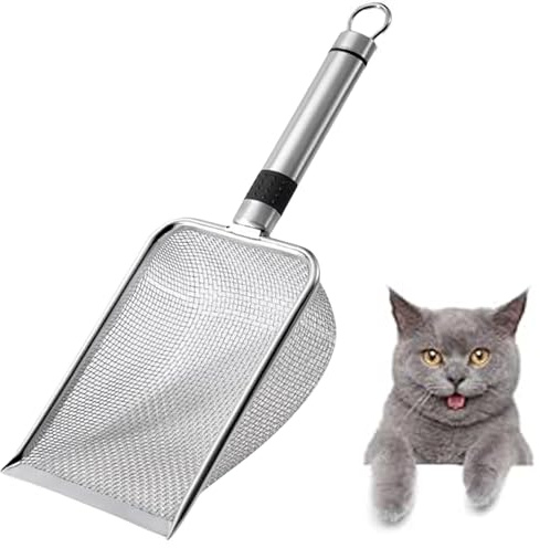 UQMIQURA Pala per gatti in acciaio inox per lettiera per gatti, 3,8 mm, dimensioni dei pori 3,8 mm, paletta per gatti in metallo, paletta antiaderente per gatti
