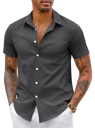 COOFANDY Short Sleeve Shirts Men Summer Button Down Shirts Dress Shirt Slim Fit Business Casual Shirts Work Shirt Dark Gray L