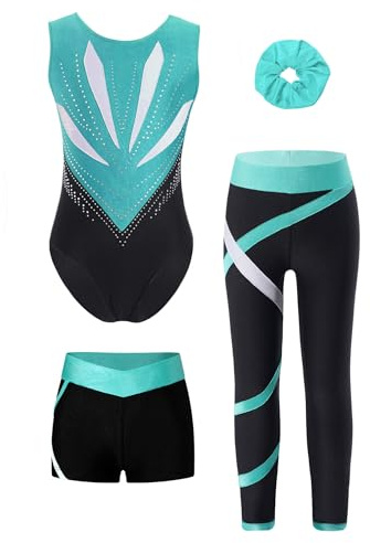 Alvivi 4er Set Mädchen Turnanzug Glitzer Gymnastikanzug mit Hose Shorts Haarband A Blau Grün 122-128
